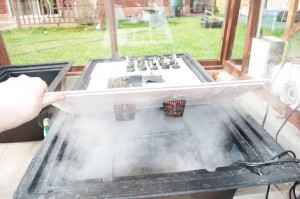 The Aeroponic strawberry tank showing the extra mist of nutrients being active